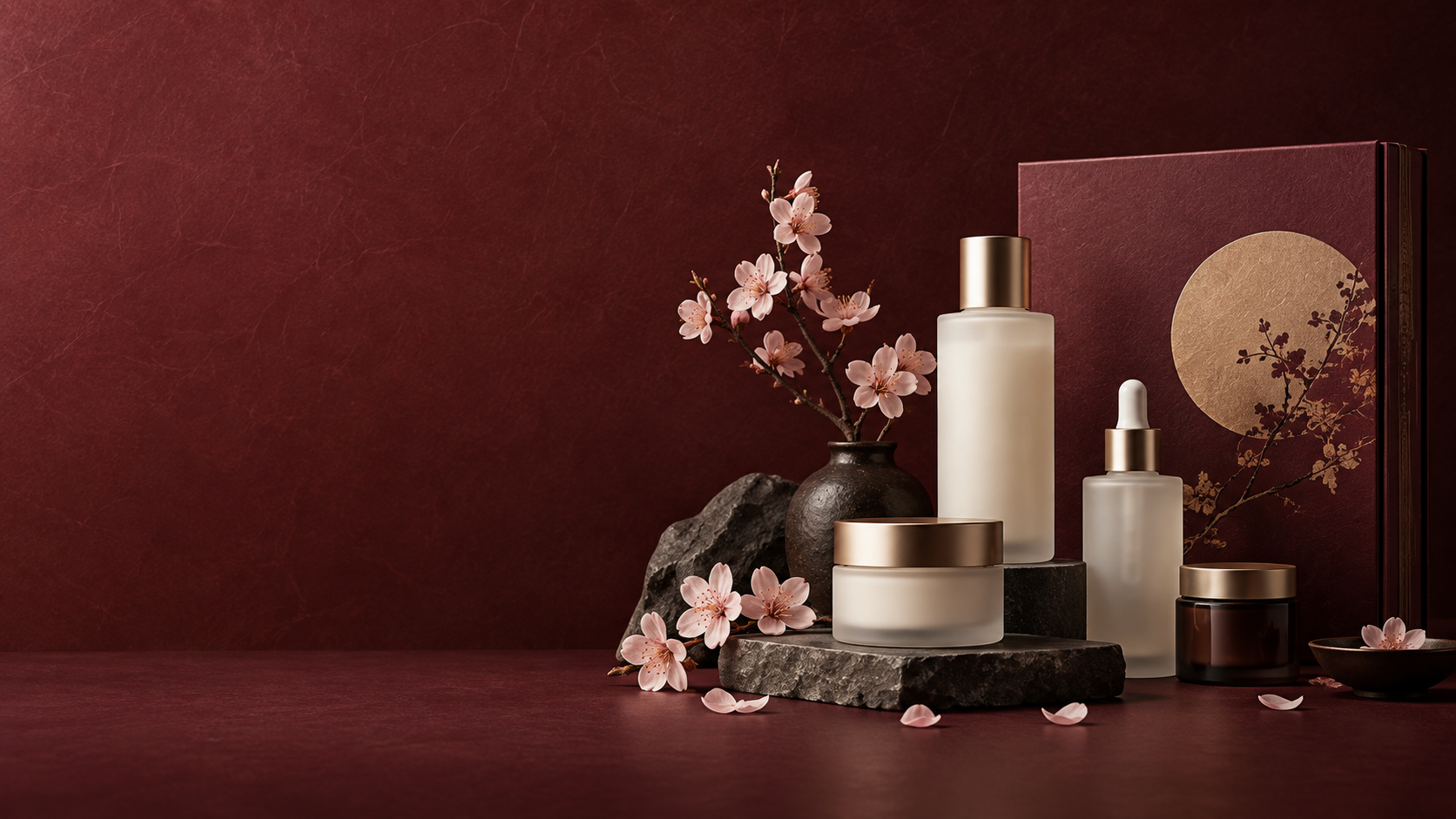 Elegant arrangement of unbranded skincare containers and sakura blossoms